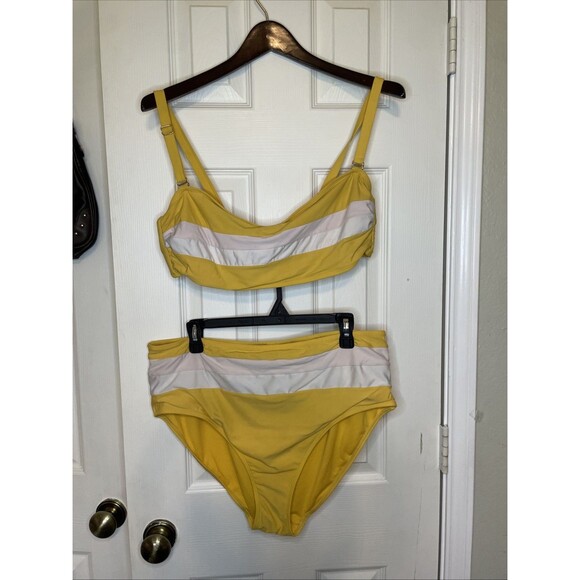 XL (16–18) Yellow Time and Tru Bikini Set Pink, White Stripe Highwaisted 2 Piece - Picture 1 of 11